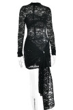 Sexy Solid Color Lace See-Through O Neck Lace Dress Dresses