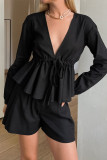 Casual Daily Solid Color Draw String V Neck Long Sleeve Two Pieces