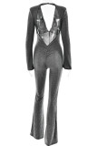 Sexy Street Solid Color Backless V Neck Skinny Jumpsuits