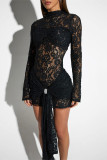Sexy Solid Color Lace See-Through O Neck Lace Dress Dresses