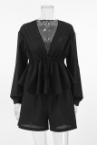Casual Daily Solid Color Draw String V Neck Long Sleeve Two Pieces