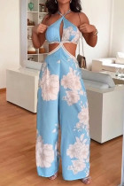 Sexy Vacation Floral Print Lace Up Backless Halter Loose Jumpsuits