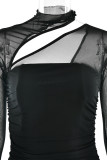 Sexy Solid Color Ruched Mesh O Neck One Step Skirt Dresses