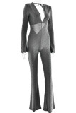 Sexy Street Solid Color Backless V Neck Skinny Jumpsuits