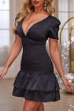 Sexy Solid Color Ruffle Ruched Strap Design V Neck Waist Skirt Dresses