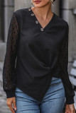 Casual Solid Color Lace Buttons Ruched V Neck Tops