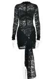 Sexy Solid Color Lace See-Through O Neck Lace Dress Dresses