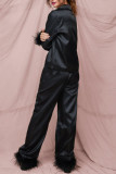 Daily Solid Color Buttons Feather Trim Sleepwear