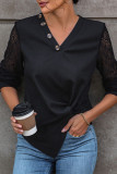 Casual Solid Color Lace Buttons Ruched V Neck Tops