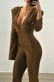 Sexy Street Solid Color Backless V Neck Skinny Jumpsuits