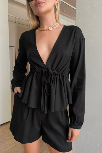 Casual Daily Solid Color Draw String V Neck Long Sleeve Two Pieces