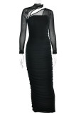 Sexy Solid Color Ruched Mesh O Neck One Step Skirt Dresses