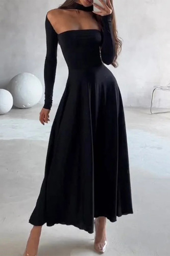 Sexy Solid Color Hollow Out Turtleneck A Line Dresses