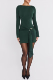 Casual Daily Solid Color Adjustable O Neck Wrapped Skirt Dresses