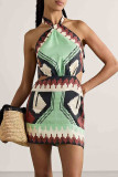 Sexy Vacation Geometric Print Lace Up Chains Halter Printed Dresses