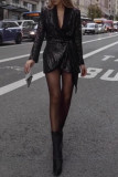 Sexy Solid Color Sequins Lace Up Turn-back Collar Suit Dresses