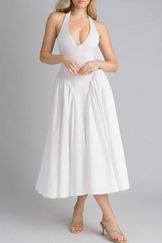 Sexy Solid Color Backless Pleated Halter Sleeveless Dresses