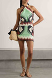 Sexy Vacation Geometric Print Lace Up Chains Halter Printed Dresses