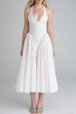Sexy Solid Color Backless Pleated Halter Sleeveless Dresses