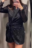 Sexy Solid Color Sequins Lace Up Turn-back Collar Suit Dresses