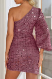 Sexy Party Solid Color Sequins Irregular Sloping Shoulder Wrapped Skirt Dresses