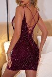 Sexy Solid Color Sequins Strap Design V Neck Wrapped Skirt Dresses