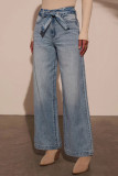 Casual Gradient Color Distressed Lace Up High Waist Loose Denim Jeans