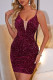 Sexy Solid Color Sequins Strap Design V Neck Wrapped Skirt Dresses
