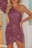 Sexy Party Solid Color Sequins Irregular Sloping Shoulder Wrapped Skirt Dresses