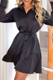 Casual Solid Color Lace Up Ruffle Turndown Collar Shirt Dresses