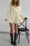 Casual Daily Solid Color Lace Up Ruffle V Neck Long Sleeve Two Pieces