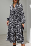 Elegant Flowers Print Lace Up Contrast Mandarin Collar A Line Dresses