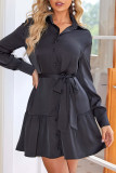 Casual Solid Color Lace Up Ruffle Turndown Collar Shirt Dresses