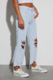 Casual Solid Color Ripped Distressed High Waist Loose Denim Jeans
