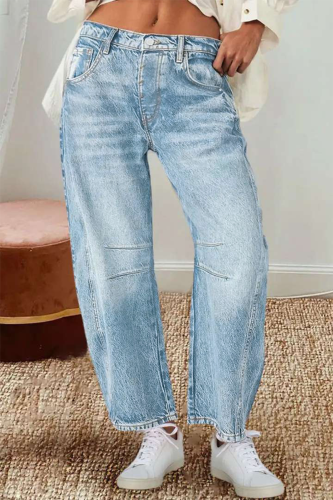 Casual Solid Color Distressed Contrast Mid Waist Denim Jeans