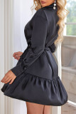 Casual Solid Color Lace Up Ruffle Turndown Collar Shirt Dresses