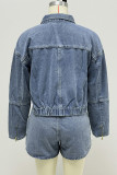 Casual Solid Color Pocket Zipper Turndown Collar Long Sleeve Two Pieces
