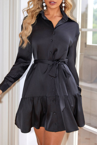 Casual Solid Color Lace Up Ruffle Turndown Collar Shirt Dresses