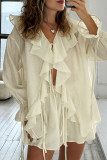 Casual Daily Solid Color Lace Up Ruffle V Neck Long Sleeve Two Pieces