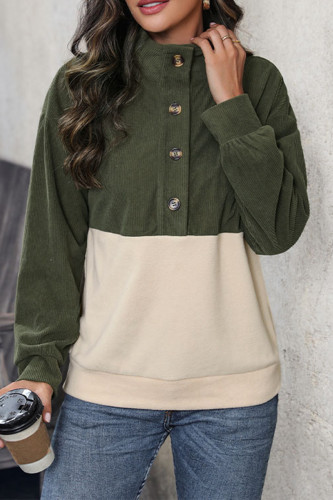 Daily Colorblock Buttons Patchwork Contrast Mandarin Collar Tops