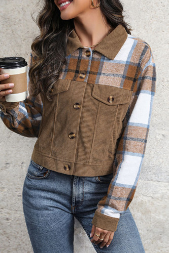 Casual Plaid Patchwork Contrast Turndown Collar Outerwear
