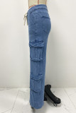 Casual Solid Color Pocket Patchwork Loose Denim Jeans