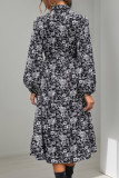 Elegant Flowers Print Lace Up Contrast Mandarin Collar A Line Dresses