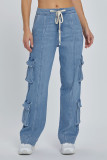 Casual Solid Color Pocket Patchwork Loose Denim Jeans
