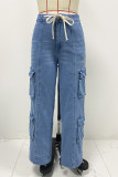 Casual Solid Color Pocket Patchwork Loose Denim Jeans