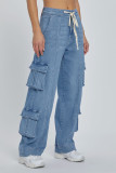 Casual Solid Color Pocket Patchwork Loose Denim Jeans