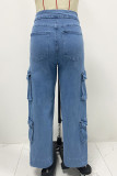 Casual Solid Color Pocket Patchwork Loose Denim Jeans
