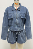 Casual Solid Color Pocket Zipper Turndown Collar Long Sleeve Two Pieces