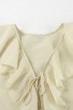 Casual Daily Solid Color Lace Up Ruffle V Neck Long Sleeve Two Pieces