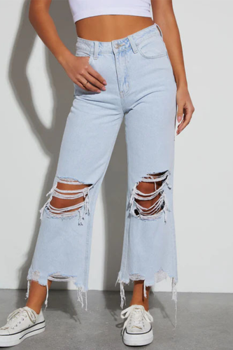 Casual Solid Color Ripped Distressed High Waist Loose Denim Jeans
